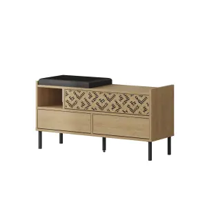 Decortie Heaton Shoe Bench Oak w/ Fabric Cushion Seat 3-door Storage Cabinet 111(W)x37(D)x56.5(H)cm Metal Legs Hallway