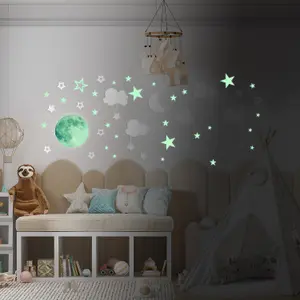 Walplus Combo Kids Wall Sticker - White Sky With Glowing Stars And Moon PVC