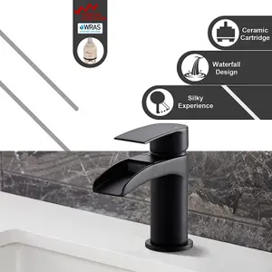 BATHWEST Matte Black Basin Mixer Taps with Pop Up Waste Waterfall Basin Taps with Drain Monobloc Black Faucet