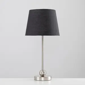 ValueLights Theydon Modern Brushed Chrome Single Stem Metal Ball Table Lamp with Black Tapered Shade