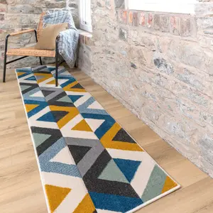 Navy Blue Ochre Diamond Geometric Living Area Runner Rug 60x240cm