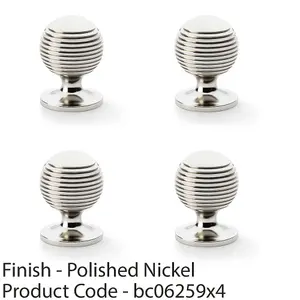 4 PACK - Reeded Ball Door Knob - 32mm Diameter Polished Nickel Lined Cupboard Pull Handle