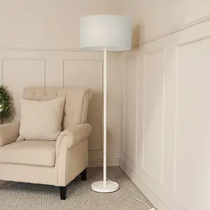 ValueLights Charles White Single Stem Floor Lamp with Grey Drum Lamp Shade and LED Bulb