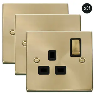 3 PACK - Satin / Brushed Brass 1 Gang 13A DP Ingot Switched Plug Socket - Black Trim - SE Home