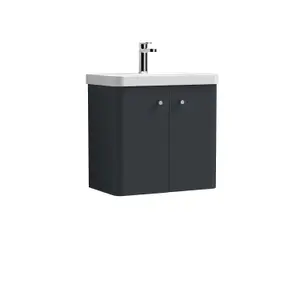 Wall Hung 2 Door Vanity Unit with Ceramic Sink - 600mm - Soft Black