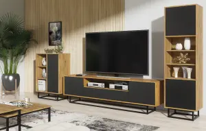 Rift Loft TV Unit 200cm Industrial Dark Oak & Black Matt Doors - Creative Furniture