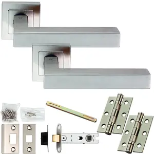 Door Handle & Latch Pack - Satin Steel - Square Mitred Bar Lever On Square Rose