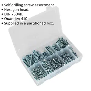 410 Piece Self Drilling Screw Assortment - Zinc Plated Hex Head Collection