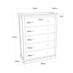 Lucca 5 Drawer Chest of Drawers Brass Knob