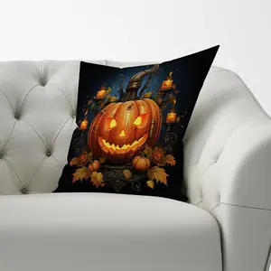 Spooy Pumpkin With Leaves And Small Candles Cushions 33cm x 48cm