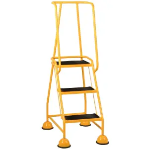 3 Tread Mobile Warehouse Steps YELLOW 1.43m Portable Safety Ladder & Wheels