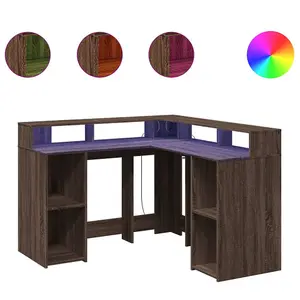 Berkfield Desk with LED Lights Brown Oak 130x130x91 cm Engineered Wood