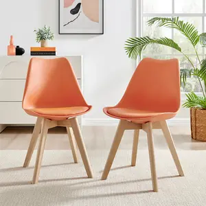 Stolm Bright Moulded Plastic Dining Chair with Wooden Legs and Foam Cushion Seat (Set of 2) Orange