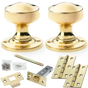 Mortice Door Knob & Latch Pack - Polished Brass - 50mm Smooth Georgian On Round Rose