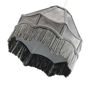 Traditional Victorian Empire Lampshade in Soft Dove Grey Velvet with Tassels