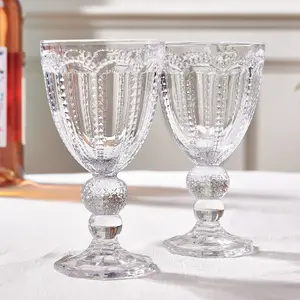 Set of 12 Vintage Luxury Clear Embossed Drinking Wine Goblet Glasses