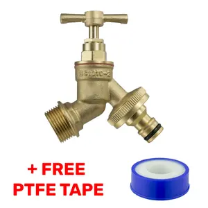 1.2" bsp (21mm across the thread) solid brass outdoor garden bib tap  universal hose connector and ptfe  tape