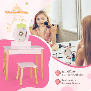 Costway 2-in-1 Kids Vanity Set Children Wooden Vanity Set w/ Stool Mirror & Drawer