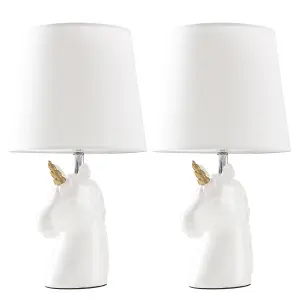 ValueLights Pair of White and Gold Ceramic Unicorn Table Lamps With White Light Shade LED Golfball Bulbs 3000K Warm White