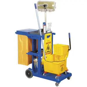 Janitorial Cleaning Trolley - Multiple Shelve - Holds Mop Buckets - Housekeeping