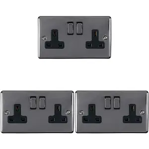 3 PACK 2 Gang Double UK Plug Socket BLACK NICKEL 13A Switched Power Outlet