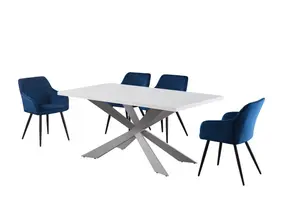 Camden Duke White LUX Dining Set with 4 Royal Blue Velvet Chairs