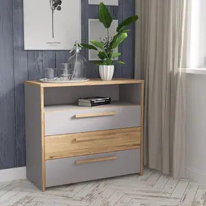 3 Drawer Sonoma Oak Matt Grey Chest Of Drawers With Open Storage Shelf