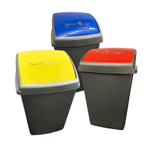 Set of 3 - 1 x Red 1 x Yellow & 1 x Blue Grey 50 Litre Plastic Recycling Bins For Home & Office Complete With Colour Coded Lids