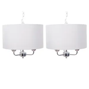 First Choice Lighting Pair of 3 Light Chrome Pendant Chandelier with Light Cream Fabric Shade