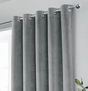 Luxury Enhanced Living Grey Velvet, Supersoft, 100% Blackout, Thermal Pair of Curtains with Eyelet Top - 66 x 90 inch (168x229cm)