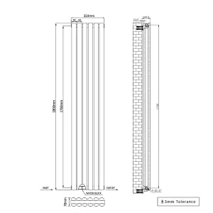 Right Radiators 1800x354mm Vertical Double Oval Column Designer Radiator Black