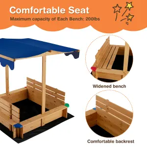 Costway Kids Wooden Sandbox with Canopy Kids Play Station with 2 Benches