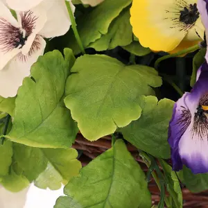 Oypla Artificial Garden Hanging Wicker Basket with Multicoloured Pansy Flowers