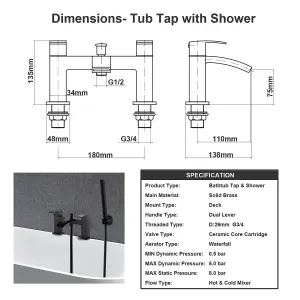 Matte Black Square Waterfall Bathroom Taps, BATHWEST Bathroom Sink Taps with Shower Attachment, Brass Bath Taps with Shower