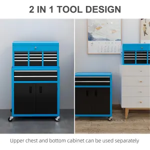 HOMCOM Top Chest and Roller Cabinet Combo Metal Tool Cabinet on Wheels Blue