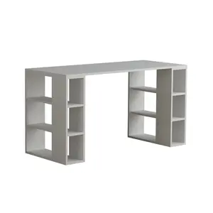 Simone Modern Desk with Built-in Bookcase – Stylish Workspace Desk with 6 Open Shelves White / White