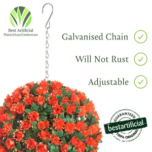 Pair of Best Artificial 23cm Orange Rose Hanging Basket Flower Topiary Ball - Suitable for Outdoor Use - Weather & Fade Resistant