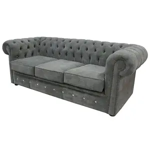 Chesterfield Crystal 3 Seater Sofa Keira Pewter Grey Fabric In Classic Style