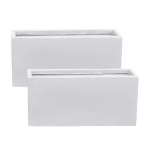 Set of 2 IDEALIST™ 65cm Long Trough Rectangular Garden Planter, White Reinforced Stone Outdoor Large Plant Pots L65 W19 H30 cm