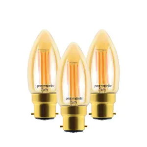 paul russells LED Filament Dimmable Candle Bulb, BC B22, 4.5W 423 Lumens, 40w Equivalent, 2200K Extra Warm White Amber, Pack of 3