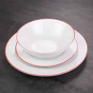 Set of 4 White Ceramic Dinner Bowls with Elegant Red Rim - Durable & Stylish