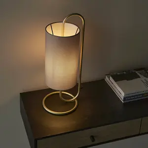 Modern Antique Brass Oval Table Lamp Desk Light & Grey Fabric Cylinder Shade