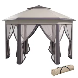 Outsunny 3x4m Hexagon Gazebo w/ Metal Frame Mesh Curtains Outdoor Garden, Beige