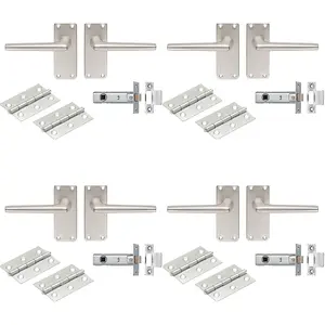 4 PACK - Contract Straight Door Handle & Latch Pack Set- Satin Aluminium Lever on Backplate