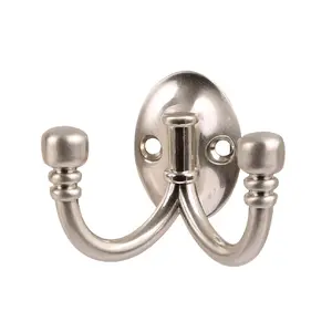 5 x Double Coat Hooks Satin Nickel Metal Ball End, Door Robe & Dress Hangers