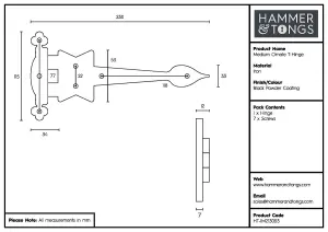 Hammer & Tongs Ornate T-Hinge - W230mm - Black - Pack of 2