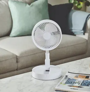 USB Rechargeable Foldaway Fan - Telescopic Height Adjustable Desk or Stand Cooling Fan with 3 Speeds & 180 Angle Adjustment