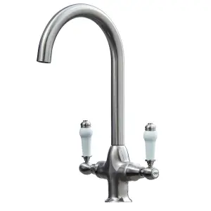 Liquida W22BN Traditional Twin Lever Swivel Brushed Nickel Kitchen Mixer Tap