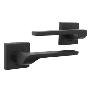 UNO-2 Door Handle Matt Black Lever on Square Rose Internal Doors Handles + 64mm Latch