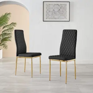 Set of 6 Milan Black High Back Soft Touch Diamond Pattern Faux Leather Golden Chrome Metal Leg Dining Chairs